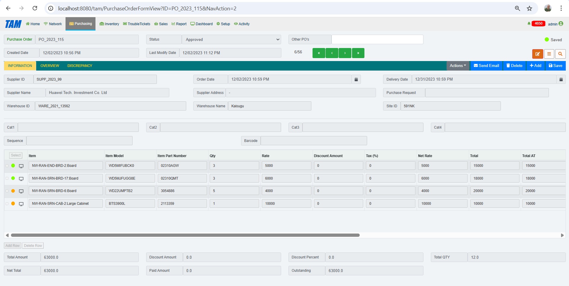 Purchasing Module of Telecom Asset Management TAM.