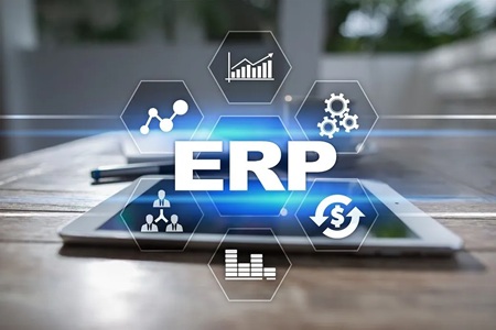 ERP software modules on tablet: CRM, Products, Inventory, Purchase, Sales, Finance, Tender, Shipping and Setting